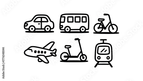 minimal black and white doodle illustration of transportation set including bus bicycle scooter airplane and train bold black outline simple details strong shadow effect isolated on white