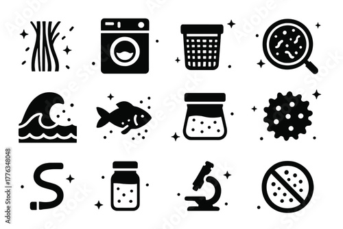 Eco Challenge Icons. Microplastics and fiber shedding. Solid icons set of microplastics and fiber shedding: polyester fiber, washing machine, lint filter,