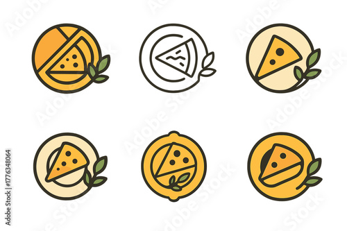 Brunch Logo Variations. Brunch delight. Set Logo of Brunch delight: plate with quiche slice and herbs. harmonious logo variations of the same emblematic