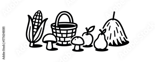 minimal black and white doodle illustration of autumn harvest set including corn basket mushroom pear and haystack bold black outline simple details strong shadow effect isolated on white