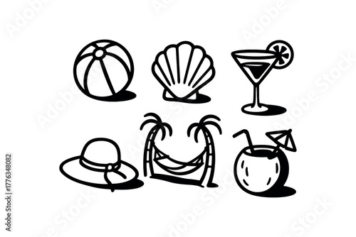 minimal black and white doodle illustration of holiday summer set including beach ball seashell cocktail glass hammock sun hat and coconut drink bold black outline simple details strong