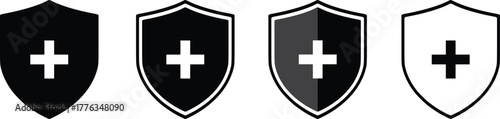 Health protection shield icon set in circular outline. Medical safety and security symbol