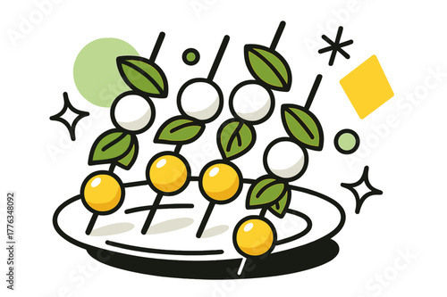 Caprese Skewers Art. Caprese Skewers. Caprese skewers on a serving plate with floating abstract geometric shapes and soft light accents, fresh and delicious