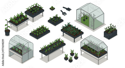 Isometric urban garden elements with plants and greenhouses for modern agriculture design