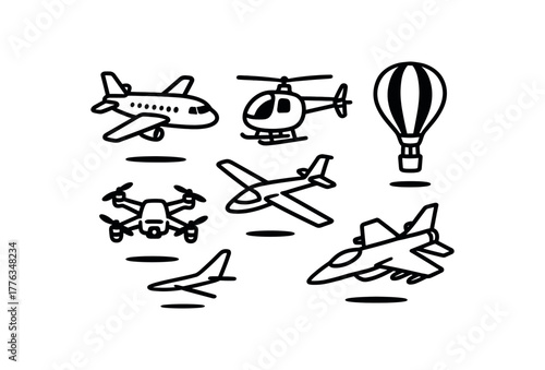minimal black and white doodle illustration of air transport set including airplane helicopter hot air balloon glider drone and jet bold black outline simple details strong shadow effect