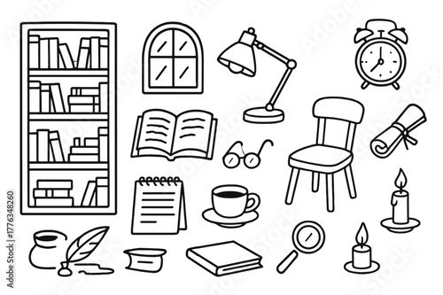 Library Study Doodles. Library study. Hand-drawn doodle illustration library study bookshelf, open book, reading lamp, glasses, coffee cup, chair, notebook,
