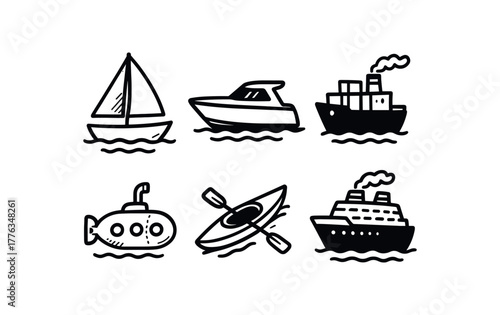 minimal black and white doodle illustration of water transport set including sailboat yacht cargo ship submarine kayak and cruise liner bold black outline simple details strong shadow
