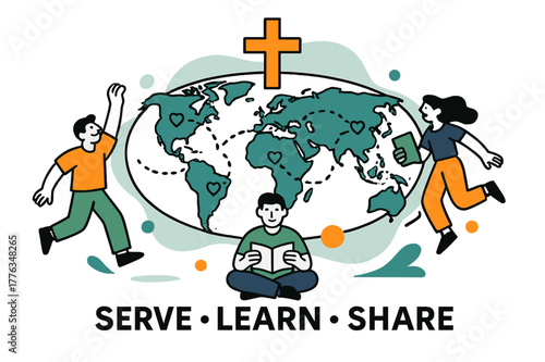 Global Mission Map. Global Mission Map. A gentle cross icon sits above a world map with dotted flight paths; small hearts mark partner communities. Text reads