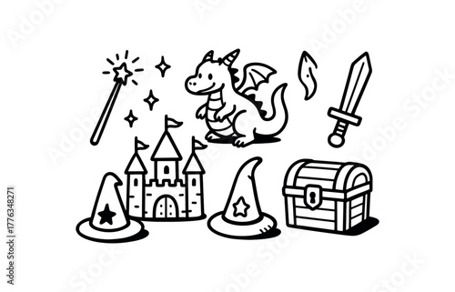 minimal black and white doodle illustration of fantasy set including magic wand dragon castle sword wizard hat and treasure chest bold black outline simple details strong shadow effect