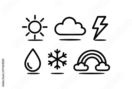 minimal black and white doodle illustration of weather set including sun cloud raindrop snowflake thunderbolt and rainbow bold black outline simple details strong shadow effect isolated on