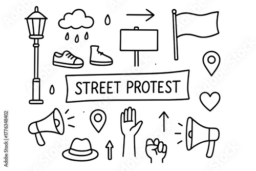 Protest Symbols Doodle. Street protest. Hand-drawn doodle illustration Street protest streetlight, signboard, megaphone, shoes, cloud, raindrop, banner, hat,