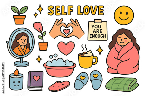 Self Love Doodles. Self love. Colorful Hand-drawn doodle Children illustration Self love mirror, heart hands, cozy robe, candle, book, bath bubbles, plant, cup