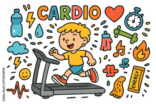 Cardio Doodle Icons. Cardio Exercise. Colorful Hand-drawn doodle Children illustration Cardio Exercise treadmill, sneakers, heart, water bottle, stopwatch,
