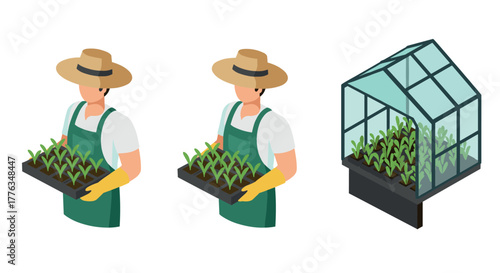 Isometric farmer with seedlings and greenhouse for sustainable agriculture design