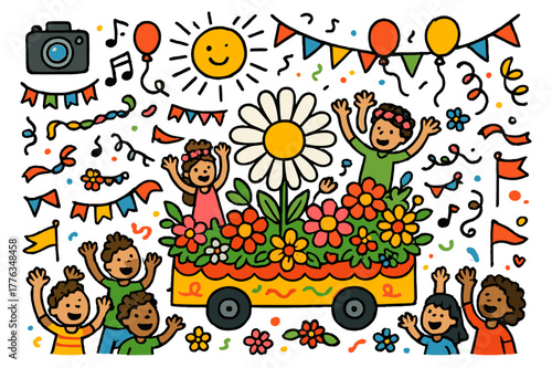 Vibrant Flower Parade. Flower parade. Colorful Hand-drawn doodle Children illustration Flower parade decorated float, garlands, crowd cheering, music notes,