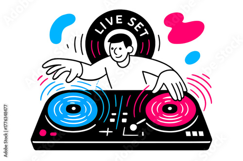 Vibrant Nightclub DJ Set. DJ turntable ? Nightclub mix. Hands hover over glowing platters; rhythm lines pulse out from the center. ?LIVE SET? text spins in