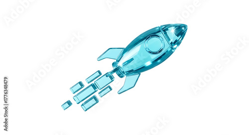 Blue glass rocket isolated on transparent background, symbol of speed and success