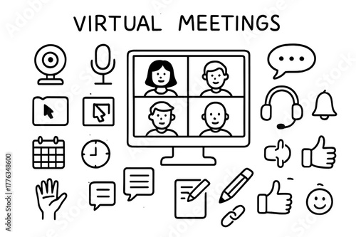 Virtual Meeting Icons. Virtual meetings. Hand-drawn doodle illustration virtual meetings webcam, microphone, headset, chat bubble, screen share, grid faces,