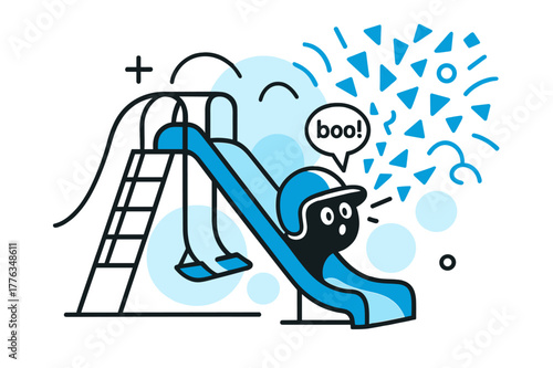 Playful Slide Surprise. Playground Slide Surprise. A helmet pops from the slide mouth with a whisper ?boo!?; swings behind trace smooth arcs. Confetti shapes