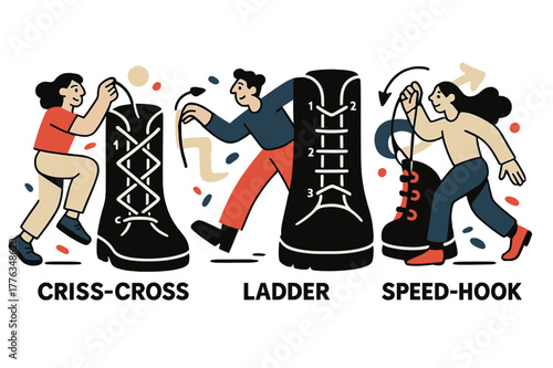 Creative Lace Techniques. Lacing styles. Close-up sequence of criss-cross, ladder, and speed-hook ties spiraling around the boot; tiny arrows guide ?step ??.?