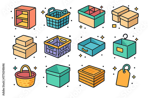 Minimalist Storage Icons. Minimalist storage solutions. Colorful isometric vector icons set of Minimalist storage solutions: open shelving, storage basket,