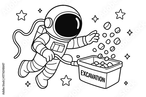 Space Pebble Adventure. Zero-gravity excavation children?s coloring book illustration, outlined drawing, tethered astronaut guiding floating pebbles into a