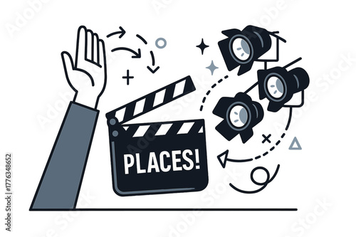 Dynamic Stage Directions. Amphitheater ? Director?s Cue. A raised hand gives the signal; cue lights blink in a tidy sequence. Notation ?Places!? springs from a