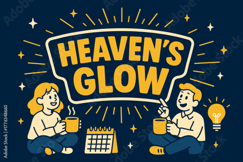Heaven's Glow Banner. Heaven?s Glow banner, flat vector illustration, bold oversized text inside sticker outline banner, cartoon characters sitting and holding