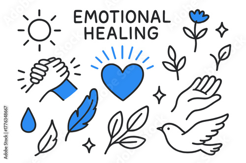 Emotional Healing Symbols. // Emotional healing. Hand-drawn doodle illustration Emotional healing [hands clasped (accented), heart (accented), flower sprout