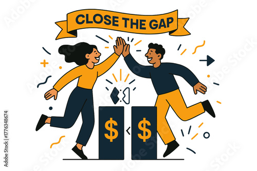 Closing the Gap. Closing the wage gap. Two salary bars slide together until they click; a ribbon unfurls ?Close the Gap.? Smiles and high-fives spark confetti