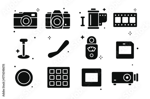 35mm Film Icon Grid. 35mm Film Era. Solid icons set of 35mm Film Era: rangefinder camera, SLR camera, film cassette, sprocket holes, rewind crank, advance