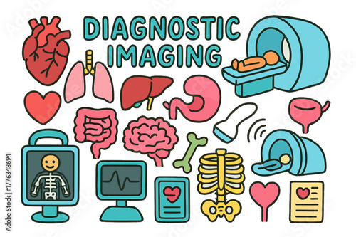 Colorful Diagnostic Doodle. diagnostic imaging. Colorful Hand-drawn doodle Children illustration diagnostic imaging heart, lungs, liver, kidneys, stomach,