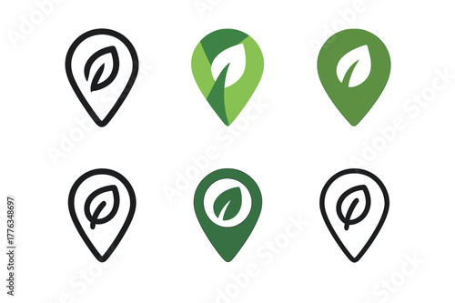 Urban Foraging Logos. Urban foraging. Set Logo of Urban foraging: map pin with leaf. harmonious logo variations of the same emblematic concept, each with
