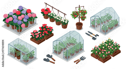Isometric garden setup with greenhouses and flower pots for horticultural projects