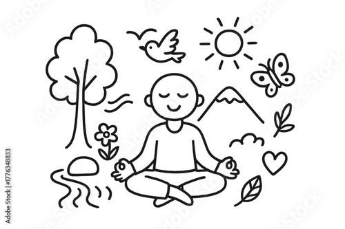 Serene Outdoor Meditation. Meditation outdoors. Hand-drawn doodle illustration meditation outdoors lotus pose figure, mountain, tree, sun, bird, calm face,