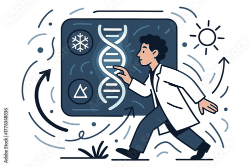 Genetic Engineering Interface. Future genetic engineering. Scientist adjusting glowing DNA in digital interface surrounded by icons of snow, sun, and altitude.