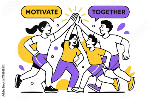 Energetic Group High-Five. Social Connection in Exercise. A small group high-fives after a run; speech bubbles float ?Motivate,? ?Together.? Energy lines
