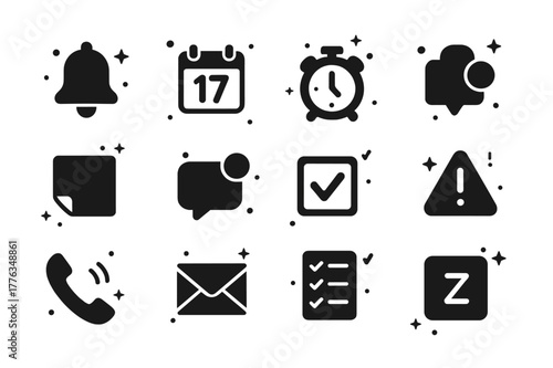 Reminder Icon Set. Reminder. Solid icons set of Reminder: bell icon, calendar date, alarm clock, stopwatch, sticky note, push notification, checkmark box,