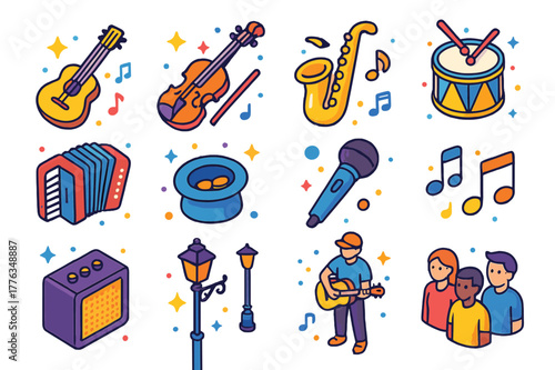 Musical Street Icons. Musical street act. Colorful isometric vector icons set of musical street act: guitar, violin, saxophone, drum, accordion, hat for tips,