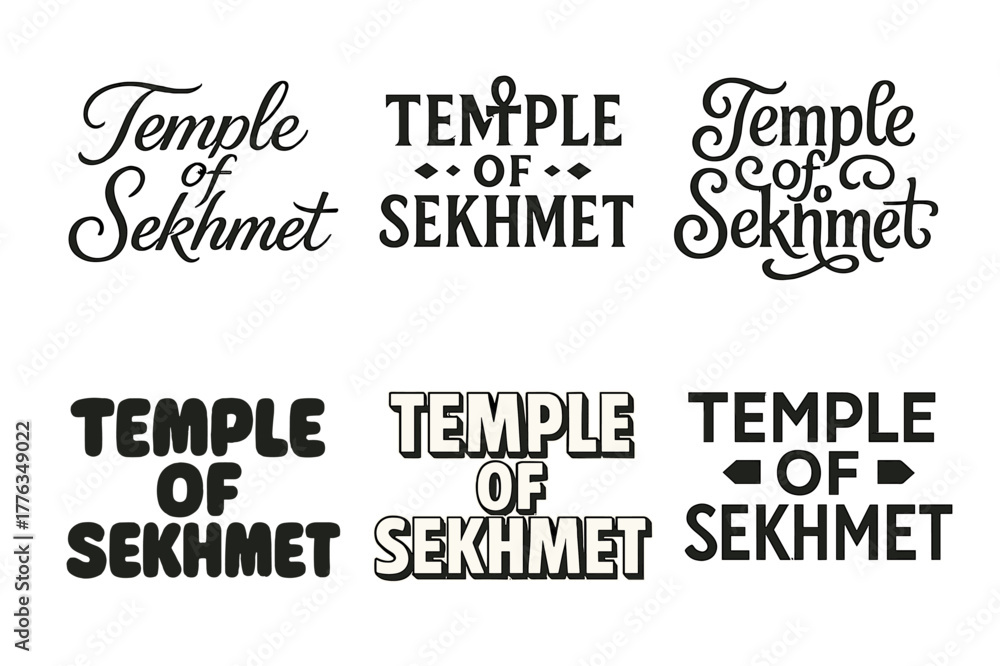 Obraz premium Temple Emblem Typography. Temple of Sekhmet. Set lettering. harmonious lettering variations of the same emblematic concept, each with different artistic