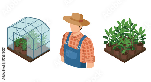Isometric farmer with greenhouse and plants on white background