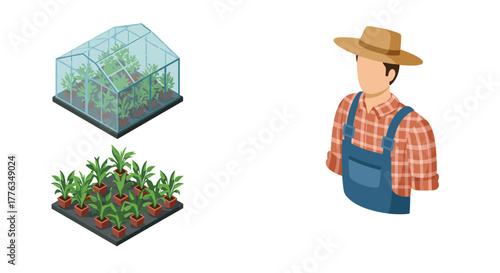Isometric farmer and greenhouse plants in pots with transparent roof