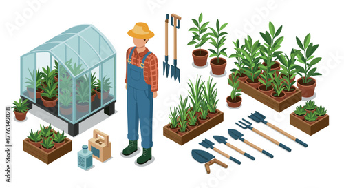 Isometric gardening scene with greenhouse and tools