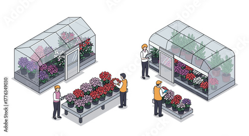 Isometric greenhouse scene with workers and plants modern botanical illustration