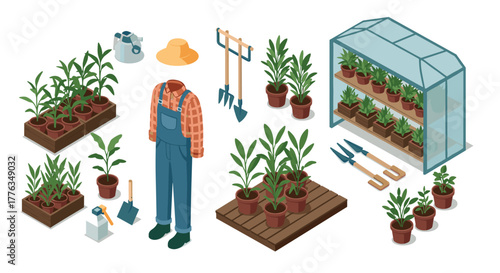 Gardening essentials isometric set with potted plants and greenhouse