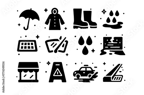 Rainy Street Icons. Rainy street. Solid icons set of Rainy street: umbrella, raincoat, rain boots, puddle, storm drain, windshield wiper, raindrops, wet street