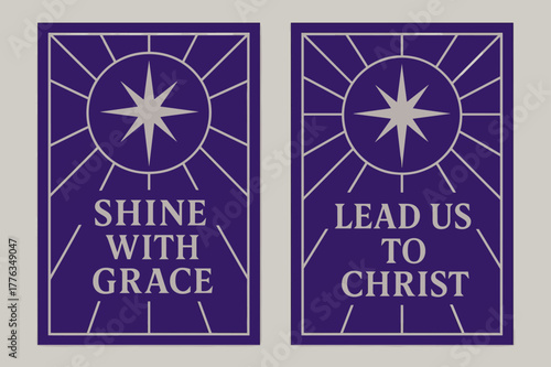Graceful Morning Banners. Morning Star. Two vertical A6 banners with safe margins, centered composition, no elements touching edges, geometric, royal purple