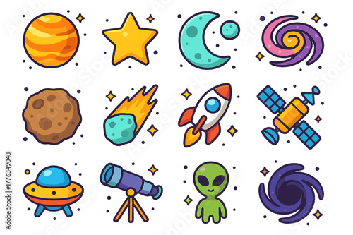 Colorful Space Icons. space objects. Colorful isometric vector icons set of space objects: planets, stars, moons, galaxies, asteroids, comets, rockets,
