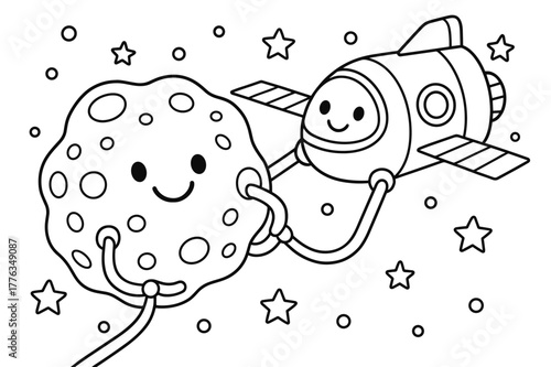 Spacecraft Docking Fun. Spacecraft docking at asteroid children?s coloring book illustration, outlined drawing, gentle clamp arms from a ship holding an