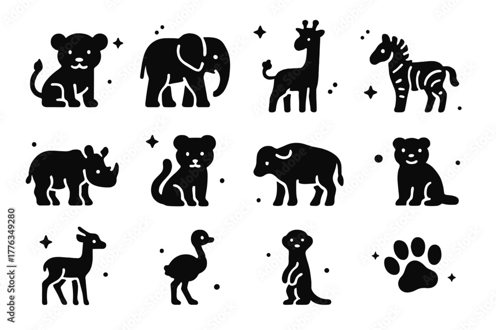 Obraz premium Young Savanna Icons. Young Animals of the Savanna. Solid icons set of Young Animals of the Savanna: lion cub, baby elephant, giraffe calf, zebra foal, rhino